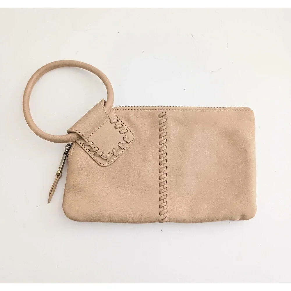 HOBO Sable Wristlet Bag Irish Cream Tan Leather Circle Handle 10X6